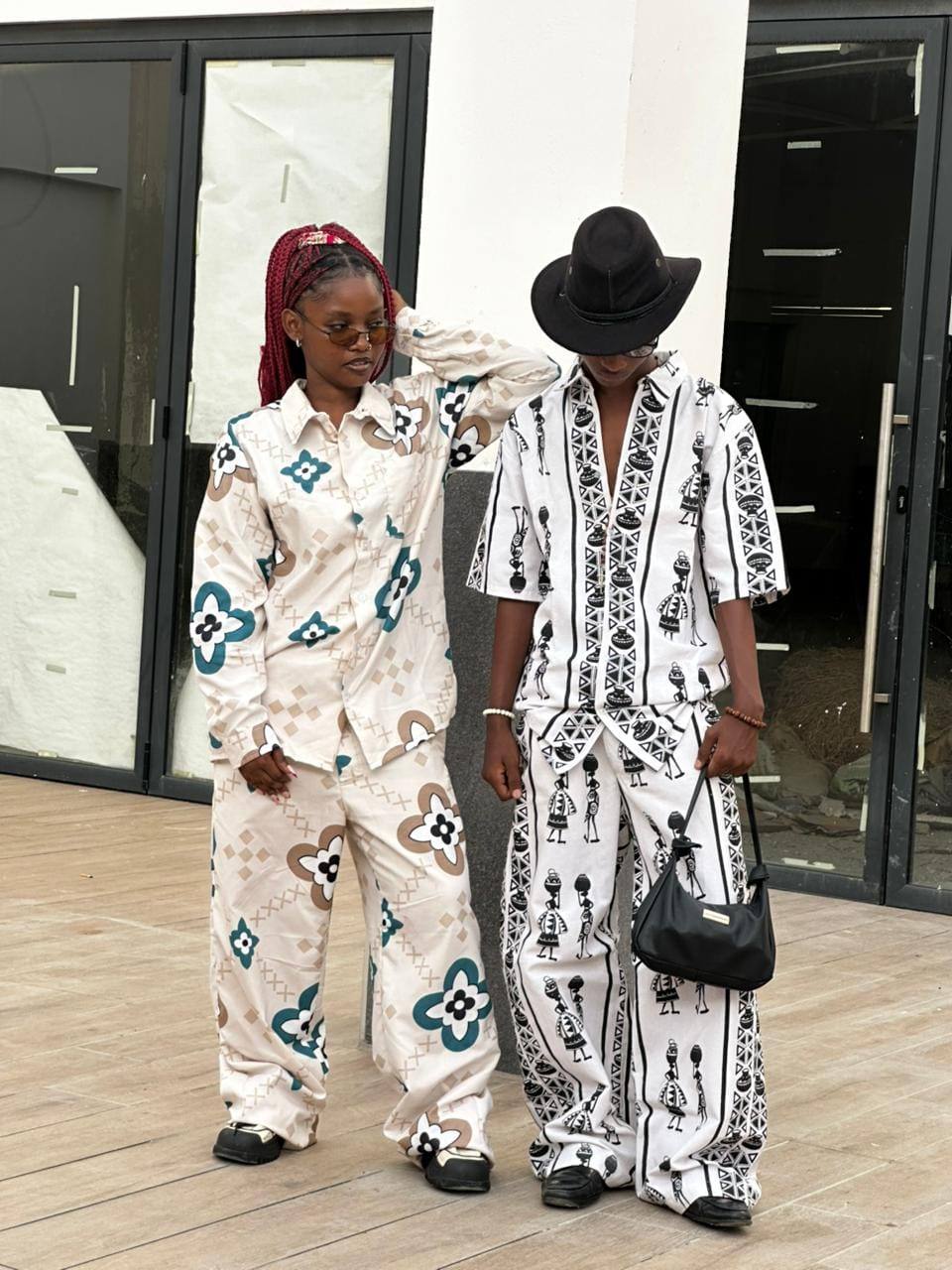 Two models wearing Wagabizo patterned matching sets